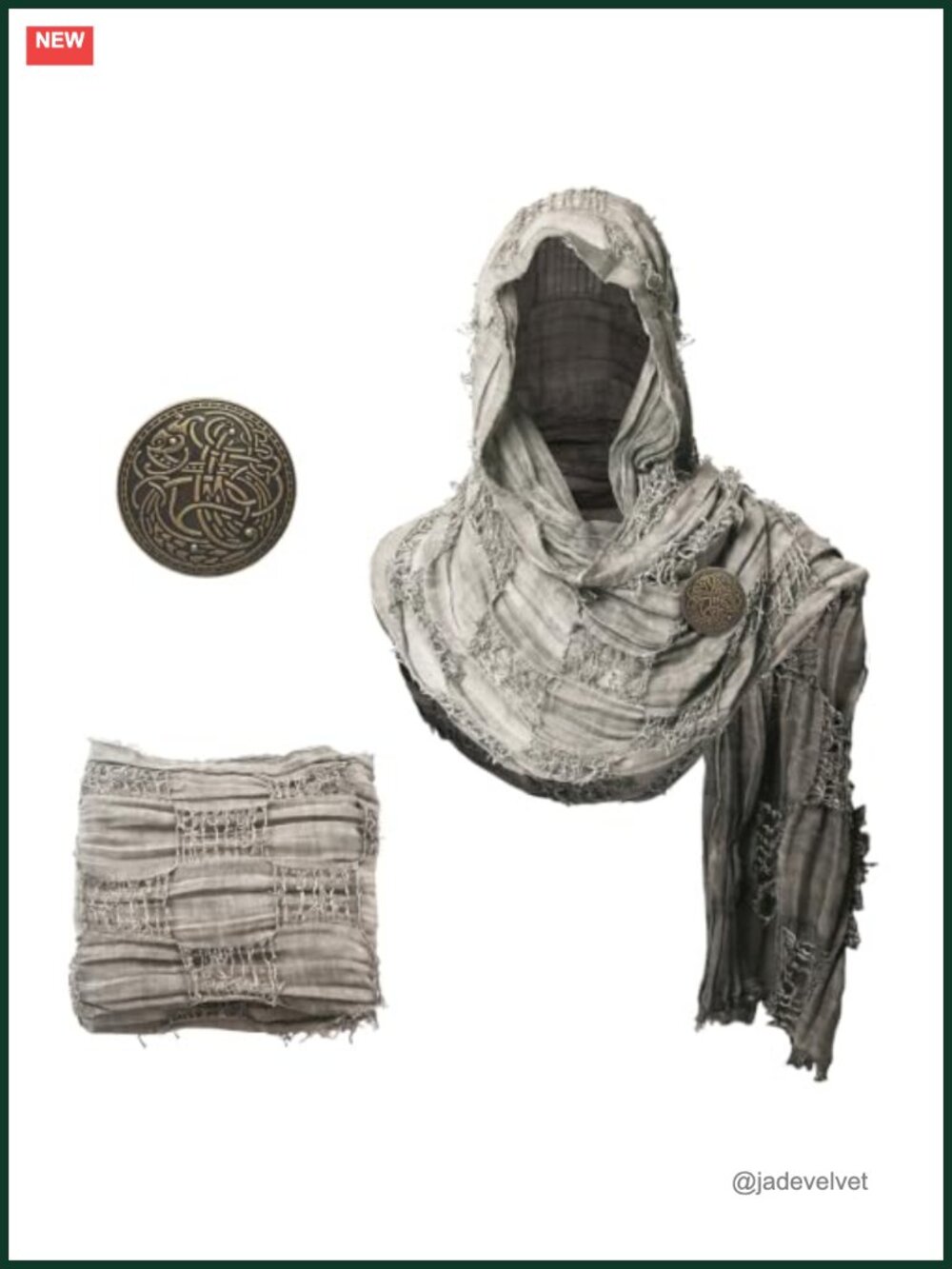 Medieval Hooded Shawl Scarf with Brooch Viking Cloak Cape